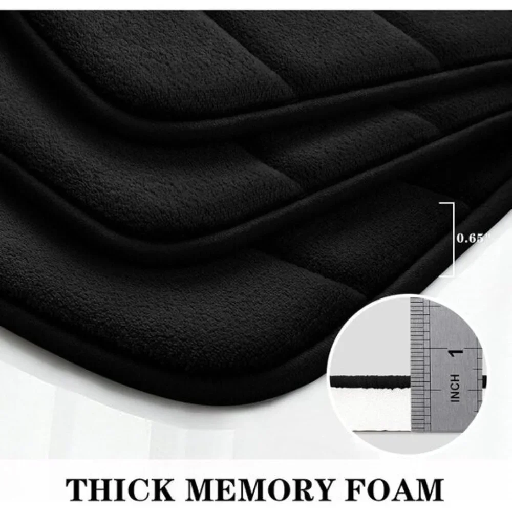 New 3-Piece Black Memory Foam Bath Rug Set, Non-Slip, Soft, Absorbent, Washable